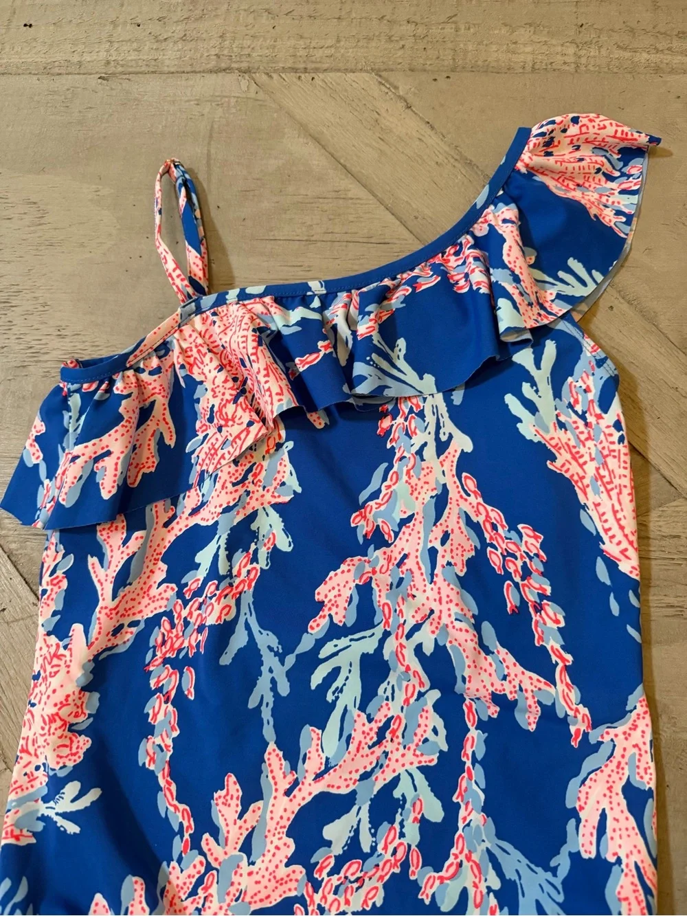 Lilly Pulitzer Borealis Blue Ruffle Swimsuit Pink Coral Print size 14 VGUC